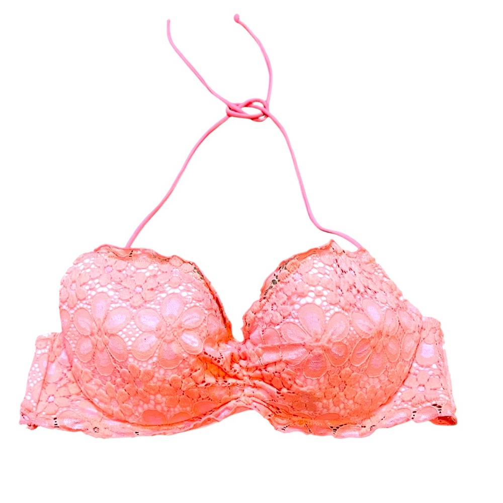 Victoria's Secret coral Lace Halter Bikini Top size 36B good used condition
